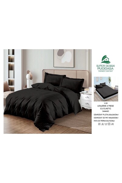 OEM Lenjerie de pat, Damasc, cu elastic, 4 piese, 2 persoane, 180x200 cm uni, negru