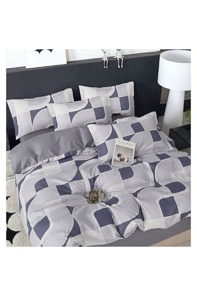 OEM Lenjerie pat dublu, 6 piese, 2 persoane, 240x250cm, Material Bumbac Satinat, imprimeu Abstract, Gri-