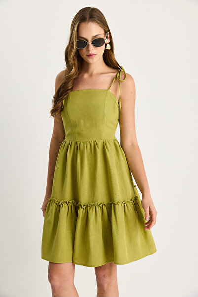 Bianco Lucci Women's Back Gipe Detailed Layered Thin Strap Cotton Linen Dress 5263 60281108