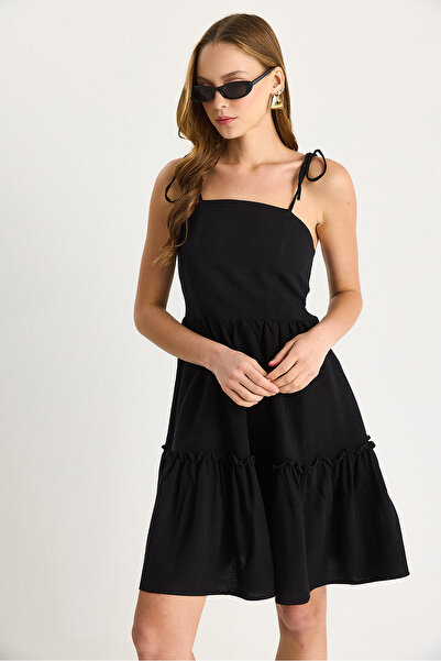 Bianco Lucci Women's Back Gipe Detailed Layered Thin Strap Cotton Linen Dress 5263 60281108