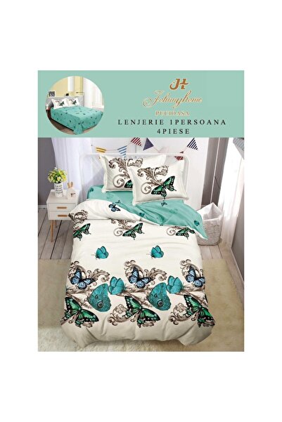 OEM Bed Linen, Satin Fine, Single, 150x220 cm, 4 Pieces, Turquoise Butterfly Print