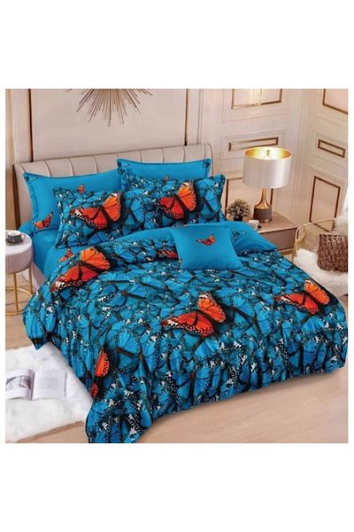 OEM Set lenjerie de pat dublu, cearșaf cu elastic, 6 piese, imprimeu cu fluturi, 2 persoane, 180x200