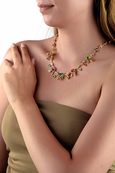 innuendo jewelery قلادة هندسية متدلية من الحجر الكبير الملون باللون الذهبي