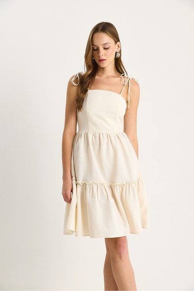 Bianco Lucci Women's Back Gipe Detailed Layered Thin Strap Cotton Linen Dress 5263 60281108