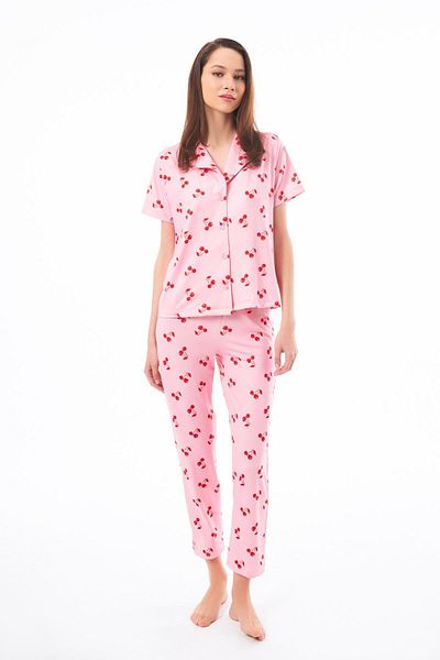 Cottonhill Premium Women's Pajama Set Cherry Pattern Soft Textured Short Sleeve Shirt Collar