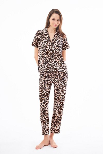 Cottonhill Premium Women's Pajama Set Leopard Print Soft Textured Short Sleeve Shirt Collar