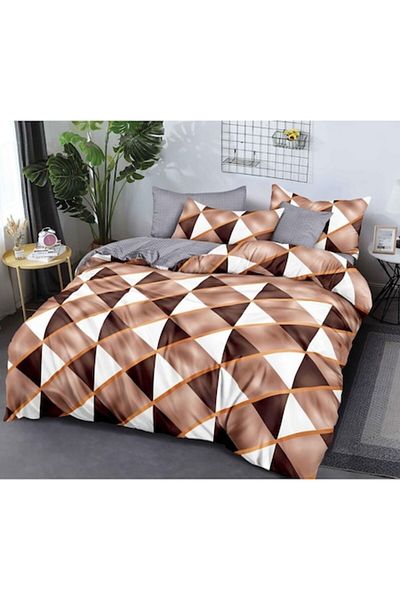 OEM Double Bedding Set, 6 Pieces, 2 Persons, 180x200cm, Finet, Geometric Print, Brown-Beige
