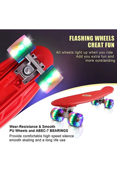 divendi-ro Skateboard with Lights, for children 4 years+, ABEC-7 bearings, silicone wheels, Red