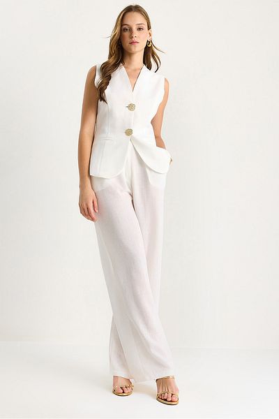 Bianco Lucci Vestă de damă cu detaliu cu nasturi aurii, pantaloni cu talie înaltă, set de in viscoză 9392 60281109