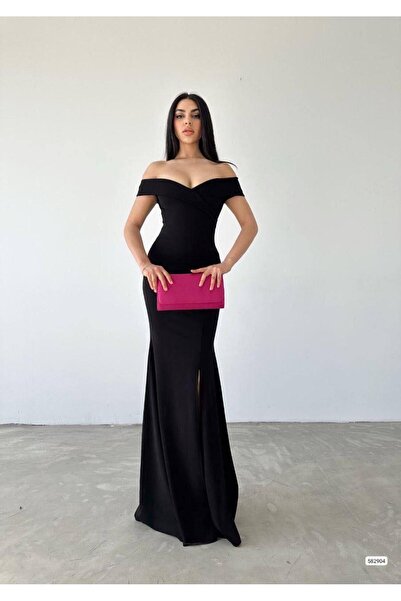 Modafeminen Κρεπ ύφασμα κοντομάνικο λαιμόκοψη με σχισμή λεπτομέρεια Maxi μήκους βραδινό φόρεμα 582904 ΜΑΥΡΟ