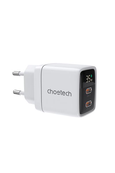 CHOETECH Mała mocna ładowarka sieciowa GaN 2x USB-C PD 35W z wyświetlaczem biała