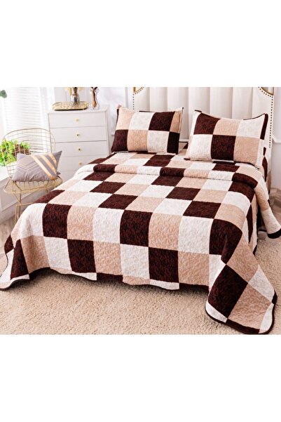 OEM Bedspread, Cotton and Linen, Checkered Print, 3 Pieces, Double, 230x250cm, Brown-Beige