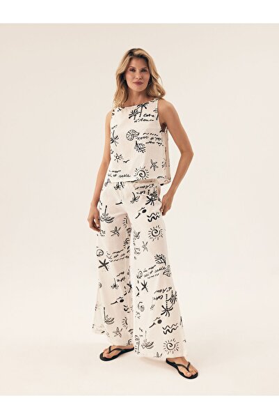 ESOTIQ Women's Summer Trousers Wide Leg with Slit Cotton & Linen Blend Navy S...