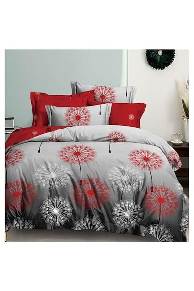 OEM Double Bed Linen, 6 Pieces, 2 Persons, 245x250 cm, White-Red Dandelion Print, Multicolored