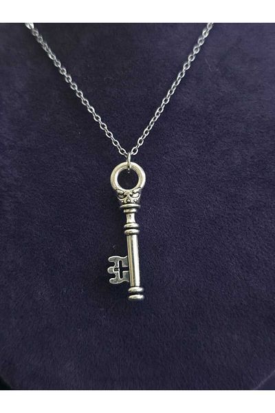 sarıyer silver Key Model Luck Themed Minimal Design Steel Pendant and Steel Chain Key Necklace