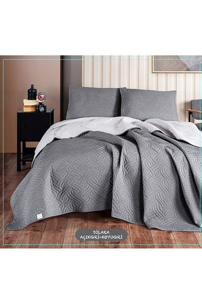 Colors & Dilara Cotton Double Bedspread Set (220X240)-A.Grey K.Grey