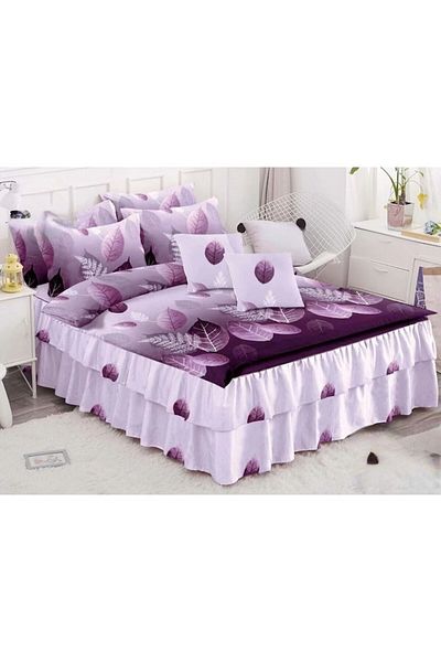 OEM Double Bed Linen Set, Frills, Spring Design, Purple Leaves, 6 Pieces, Finet, 200x230cm