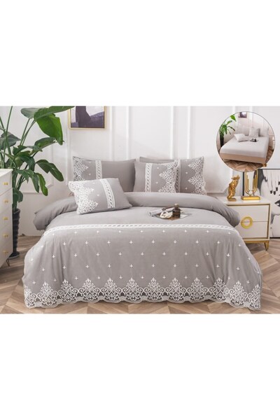 OEM Elegant bed linen set, fine cotton lace, 6 pieces, 180x200cm, bicolor white-gray