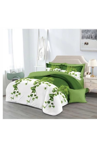 OEM Double Bed Linen, 6 Pieces, 2 Persons, 180x200 cm, Green Leaf Print, Multicolor
