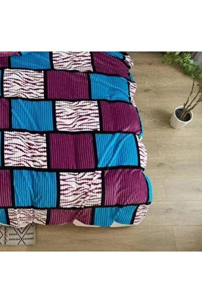 OEM Patura Cocolino, 2 persoane, 200x230cm, Imprimeu Patratele, Mov-Albastru