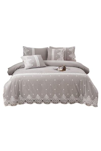 OEM Elegant Bedding Set, Fine Cotton Lace, 6 Pieces, 2 Persons, 180x200cm, Bi-Color White-Grey