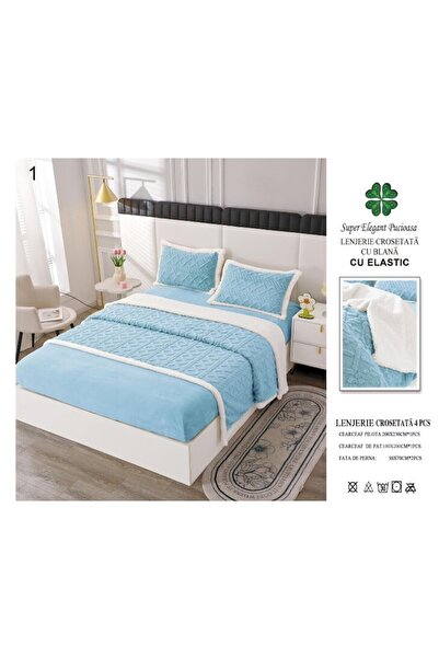 OEM Lenjerie cu blanita, model tricotat cu elastic, 180x200 cm, albastru-alb