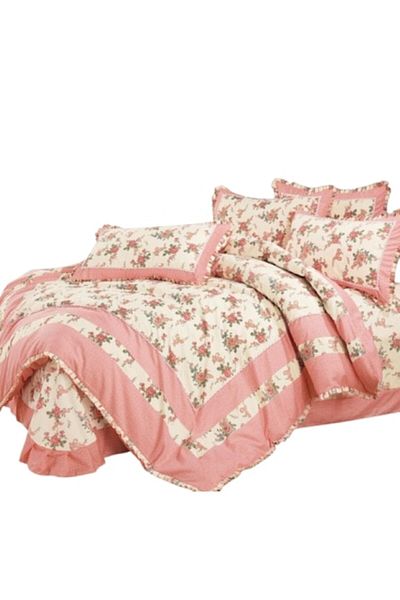 OEM Luxury Bedding Set with Ruffles, Finet, 4 pieces, 2 persons, 230x250cm, Floral Print, Ivory-Coral