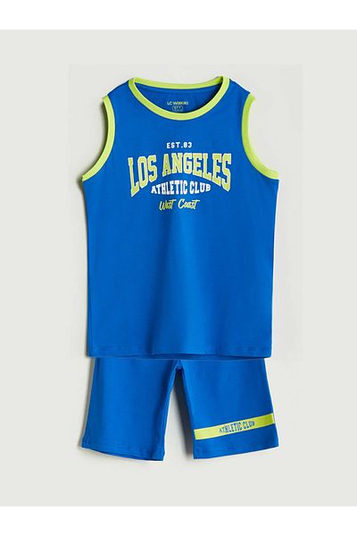 LC Waikiki Lcw Kids Blue Crew Neck Los Angeles Printed Boys Shorts Pajama Set