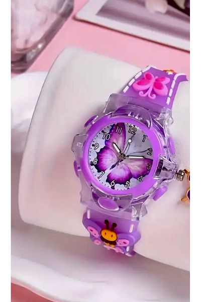 JOJO KIDS ساعة يد مضيئة على شكل فراشة للفتيات، ساعة يد من السيليكون، ساعة مضيئة مكثفة متغيرة اللون