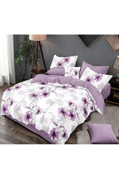 Pucioasa Double bed linen, Pucioasa, Finet, 6 pieces, 2 persons, Lilac Flowers print, 245x250cm, White-Lil
