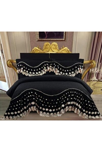 JOJO HOME Luxury quilted bedspread with embroidered ruffles, 3 pieces, 2 persons, 220x280cm, black