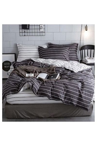 OEM Bed Linen Set, Elastic Sheet, Satin Cotton, 2 Persons, 4 Pieces, Stripe Pattern, 180x200cm, Black-Wh