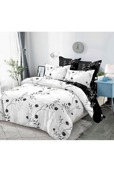 OEM Lenjerie Pat Dublu, Imprimeu Trandafiri, Reversibil, 6 piese, 2 persoane, 180x200cm, Finet, Alb-Negr