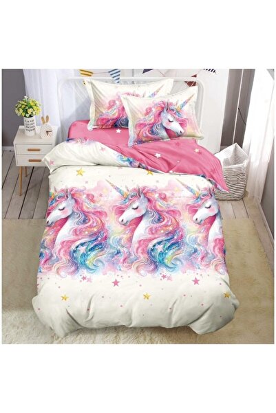 OEM Lenjerie de Pat, Finet Satinat, 1 Persoana, 150x220 cm, 4 Piese, Imprimeu Unicorni, Multicolor