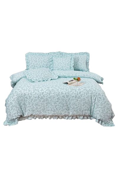 OEM Set de lenjerie de pat de lux, imprimeu floral, bumbac, design cu volane, 6 piese, 180x200cm, albastru cer