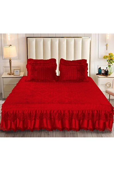 OEM Cuvertura si 2 fete de perna, Catifea Lux si Volanase, Uni, 3 piese, 2 persoane, 180x200cm, Rosu