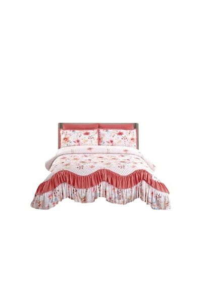 JOJO HOME Cuvertura si 2 fete de perna, Jojo Home, Finet, imprimeu floral, 3 piese, 2 persoane, 220x270cm, Alb
