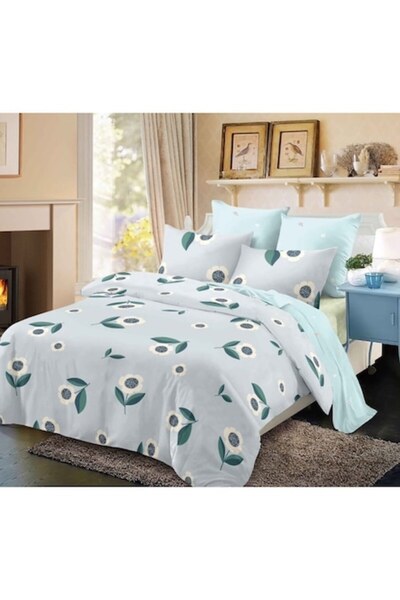 OEM Bedding Set, Finet, 6 Pieces, 230x250cm, Painted Flowers Print, Duck Egg Green-Multicolor