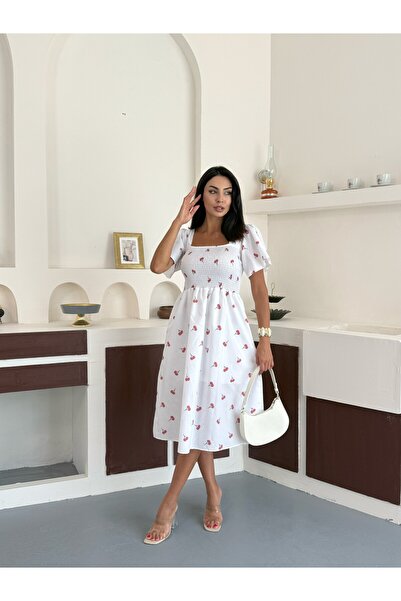 amcacom Women's Poplin Fabric Gipeli Cherry Pattern Dress