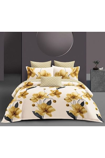 OEM Bedding Set, Satin Cotton, 4 Pieces, For 2 Persons, Yellow Flower Print, 180x200cm, Multicolor