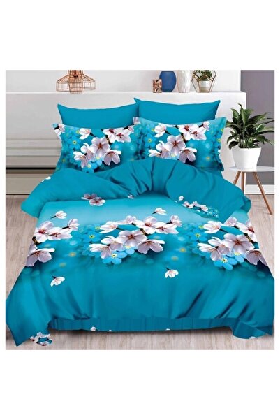 OEM Double Bed Linen, 6 Pieces, Fine Print White Flowers 3D, 2 Persons, 240x250cm, Blue-White