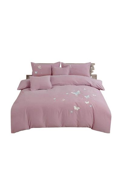 OEM Lenjerie de pat dublu, cu elastic, 180x200 cm, imprimeu fluturi, plamaniu