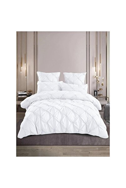OEM Double Bed Linen, Embroidered Pleats, Uni, 6 Pieces, 2 Persons, Cotton Finet, 230x250cm, White