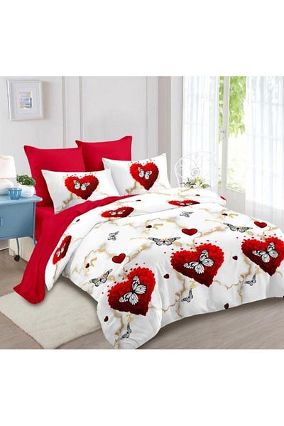 OEM Lenjerie Pat Dublu, Imprimeu Inimi si Fluturi, Reversibil, 6 piese, 2 persoane, 180x200cm, Finet, Al