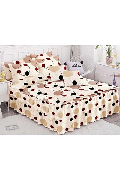 OEM Double Bedding Set with Ruffles, 6 Pieces, Floral Print, Beige Shades
