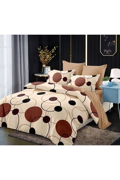 OEM Double bed linen, 2 sides, printed circles, 6 pieces, 2 persons, 180x200cm, Finet Satin, beige shade