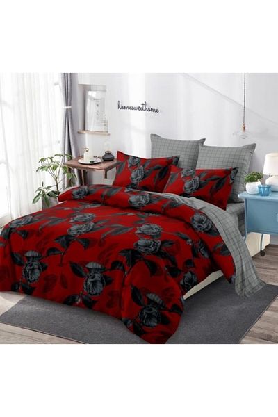 OEM Lenjerie de pat, Finet, 6 piese, 2 persoane, Imprimeu Trandafiri Negri, 230x250cm, Multicolor