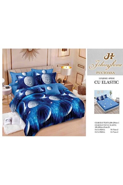 OEM Set lenjerie pat dublu, cearșaf reversibil/elastic, 6 piese, planetar, pentru , 180x200cm, Fin