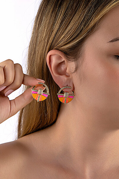 innuendo jewelery Gold Colored Pink Enamel Ethnic Design Snap Earrings