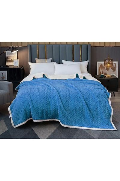 OEM Double Bed Blanket with Fleece, Knit Model, Plain, 230x250cm, Azure Blue